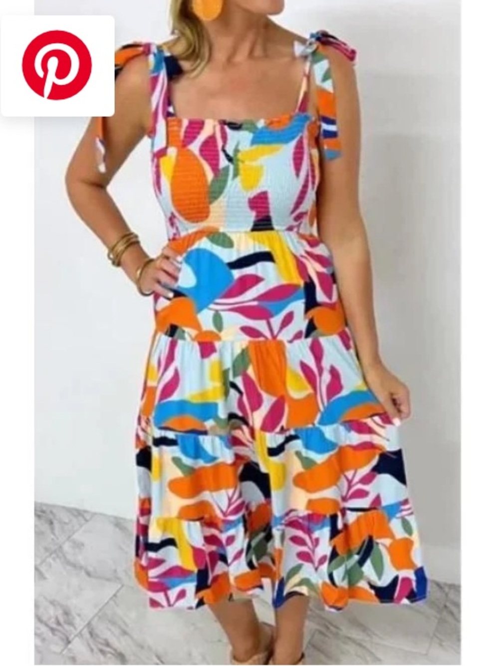 THML Multicolor Tie-Shoulder Smocked Maxi Dress